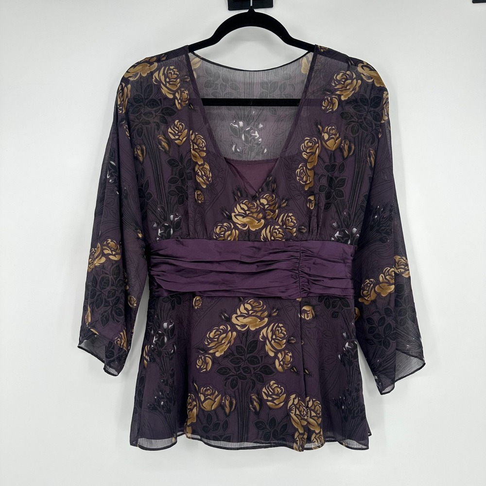 Y2K Antonio Melani Purple Whimsy Fairy Blouse Rose Floral Flare Boho Romantic 8